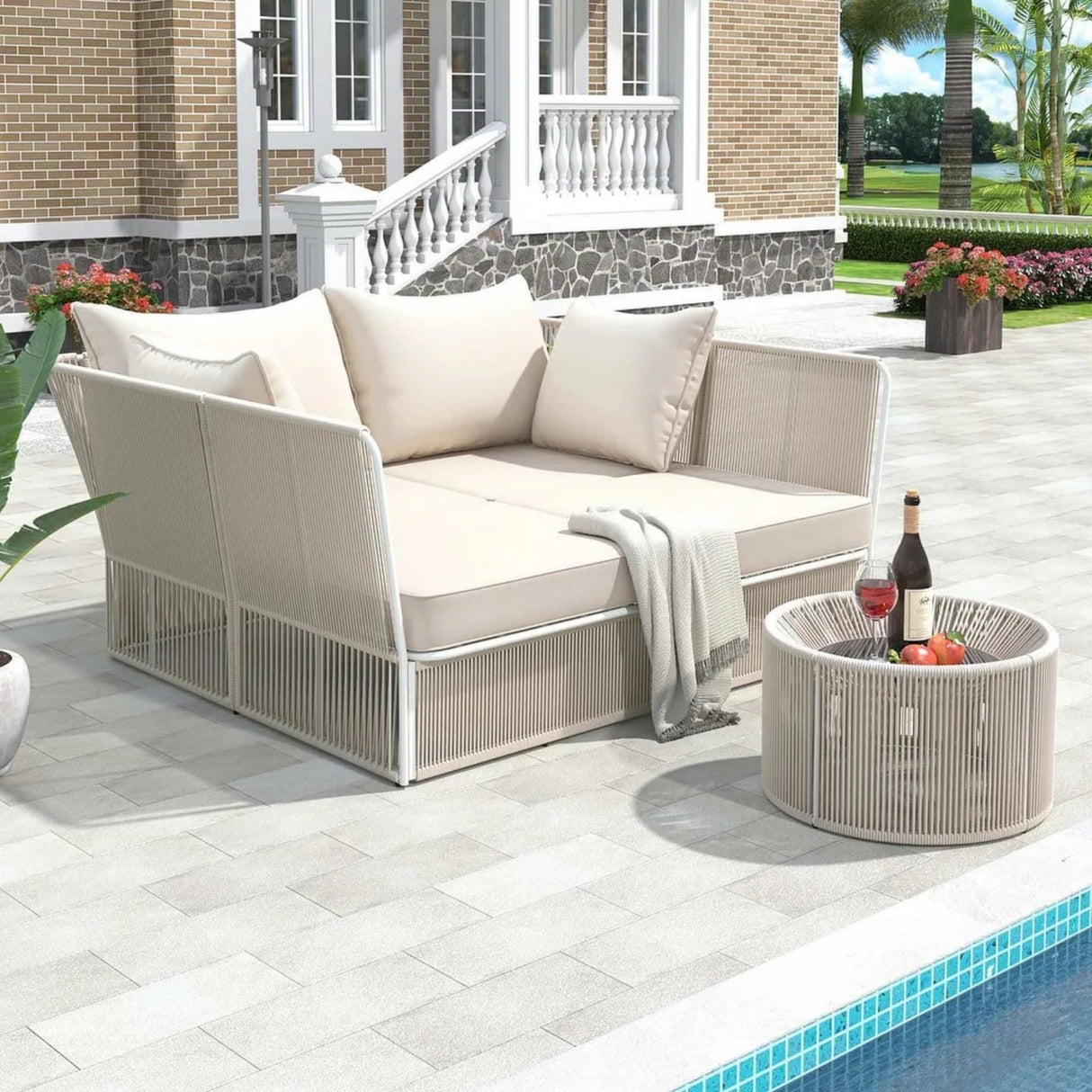 Outdoor Rope 2 Seater Patio Daybed With Side Table