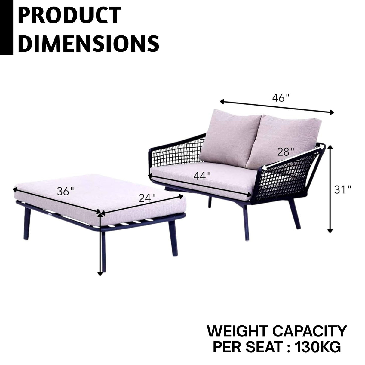 2-Piece Outdoor Rope Loveseat Sofa With Ottoman