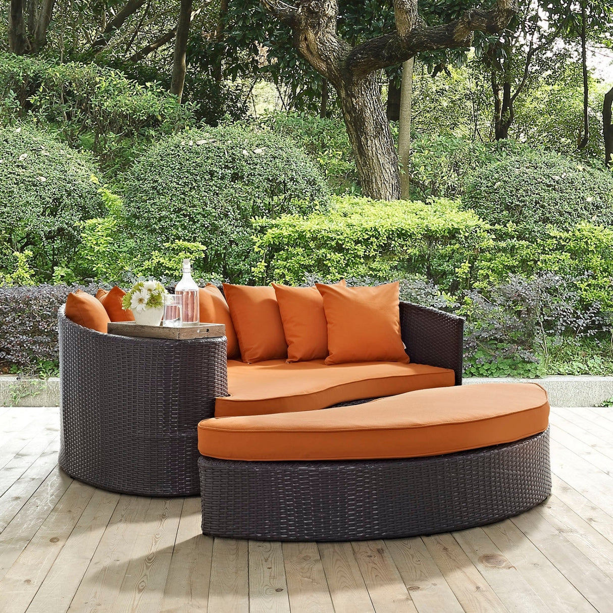 Outdoor Rattan Wicker Daybed (Dark Brown & Orange)