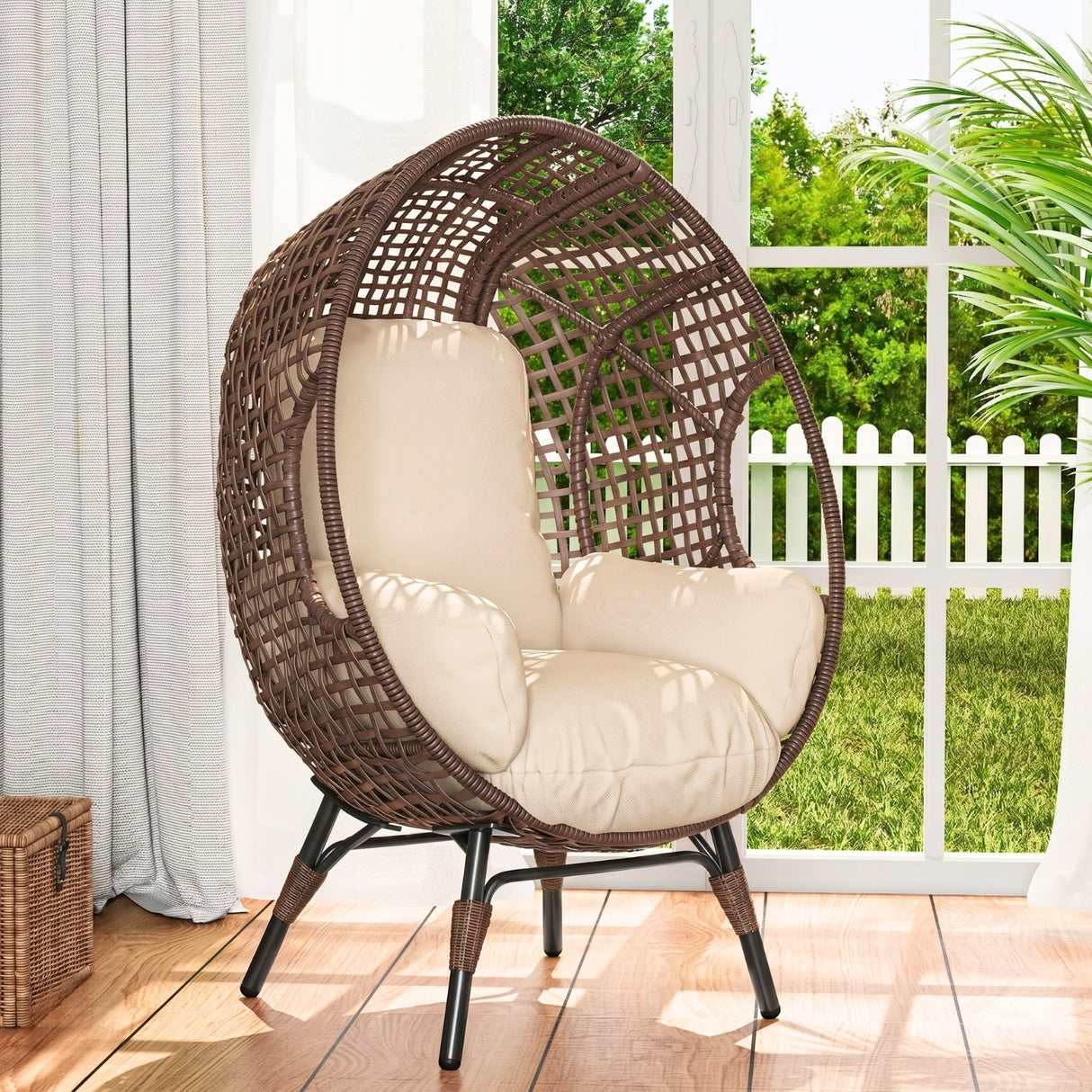 Outdoor Wicker Egg Chair with Cushions (Dark Brown)
