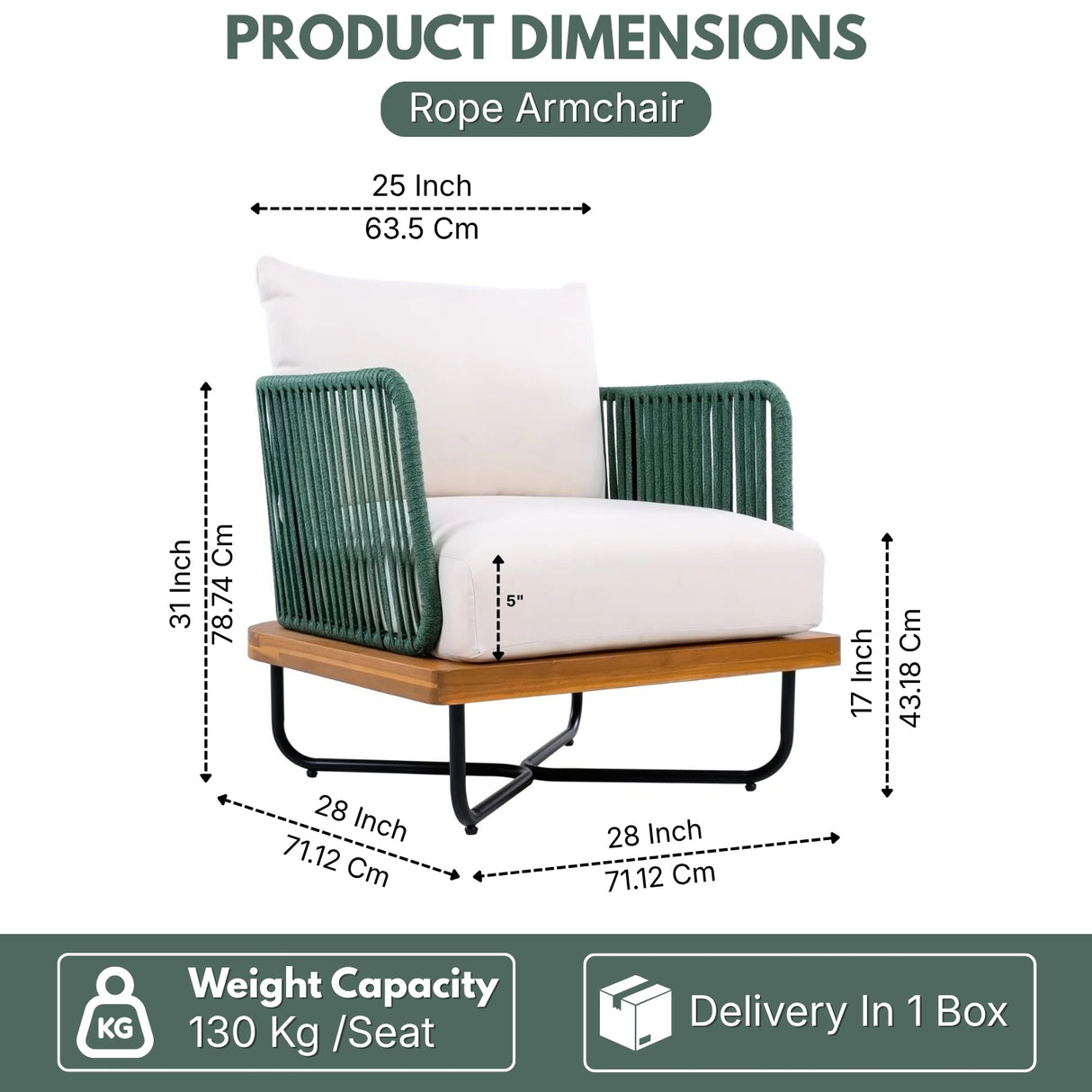 Outdoor Rope Sofa with Wooden Base (Green & White)