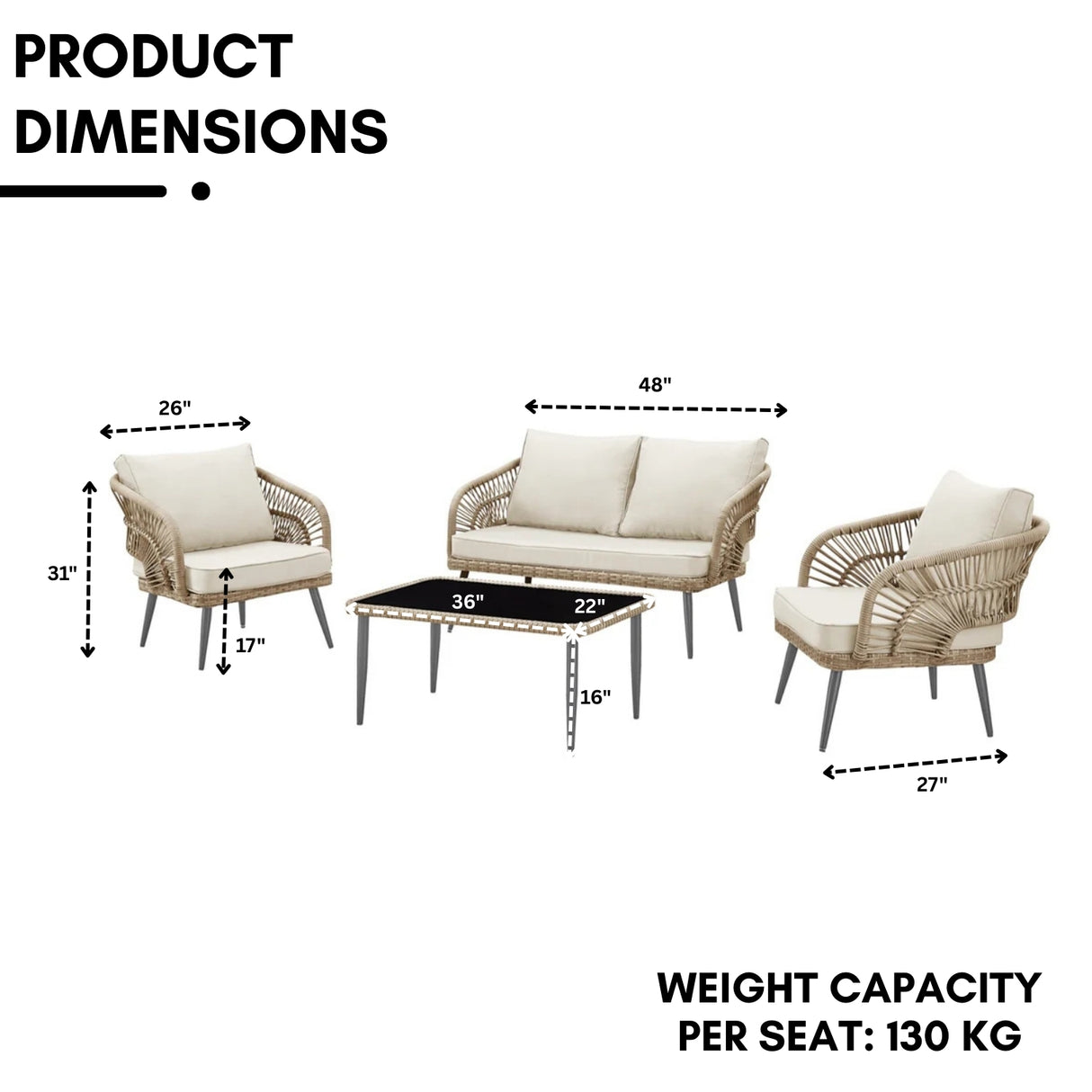 Outdoor Rope 4-Piece Patio Sofa Set with Glass Top Table (Beige/Cream)