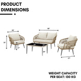 Outdoor Rope 4-Piece Patio Sofa Set with Glass Top Table (Beige/Cream)