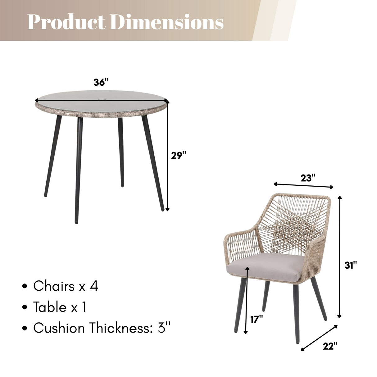5-Piece Outdoor Patio Dining Set with Rope Chairs & Glass Top Table