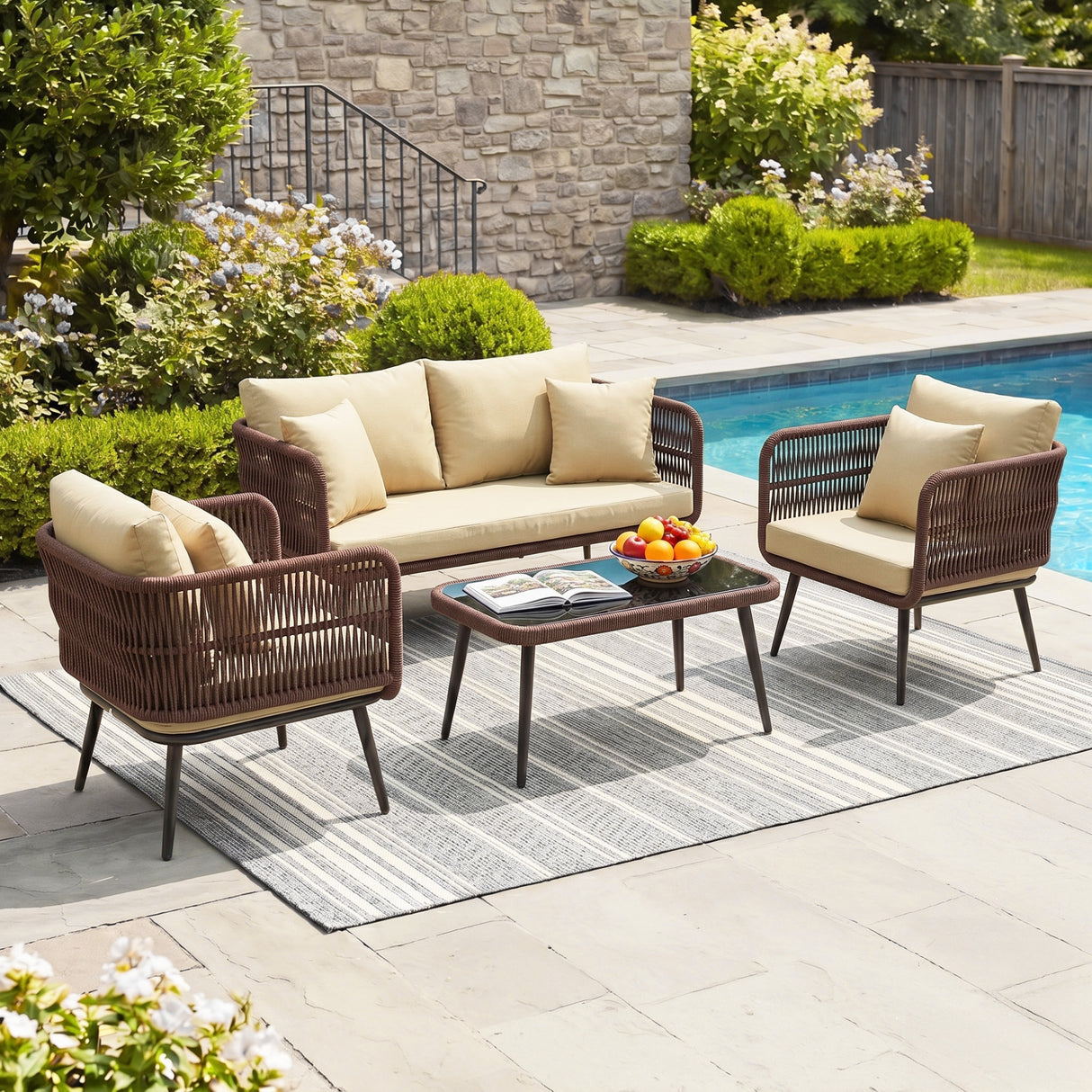 Outdoor Rope 4 Seater Conversation Furniture Set (Brown & Cream)