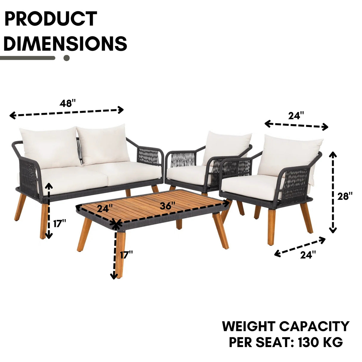 4-Piece Outdoor Rope Patio Furniture Set with Wood-Top Table