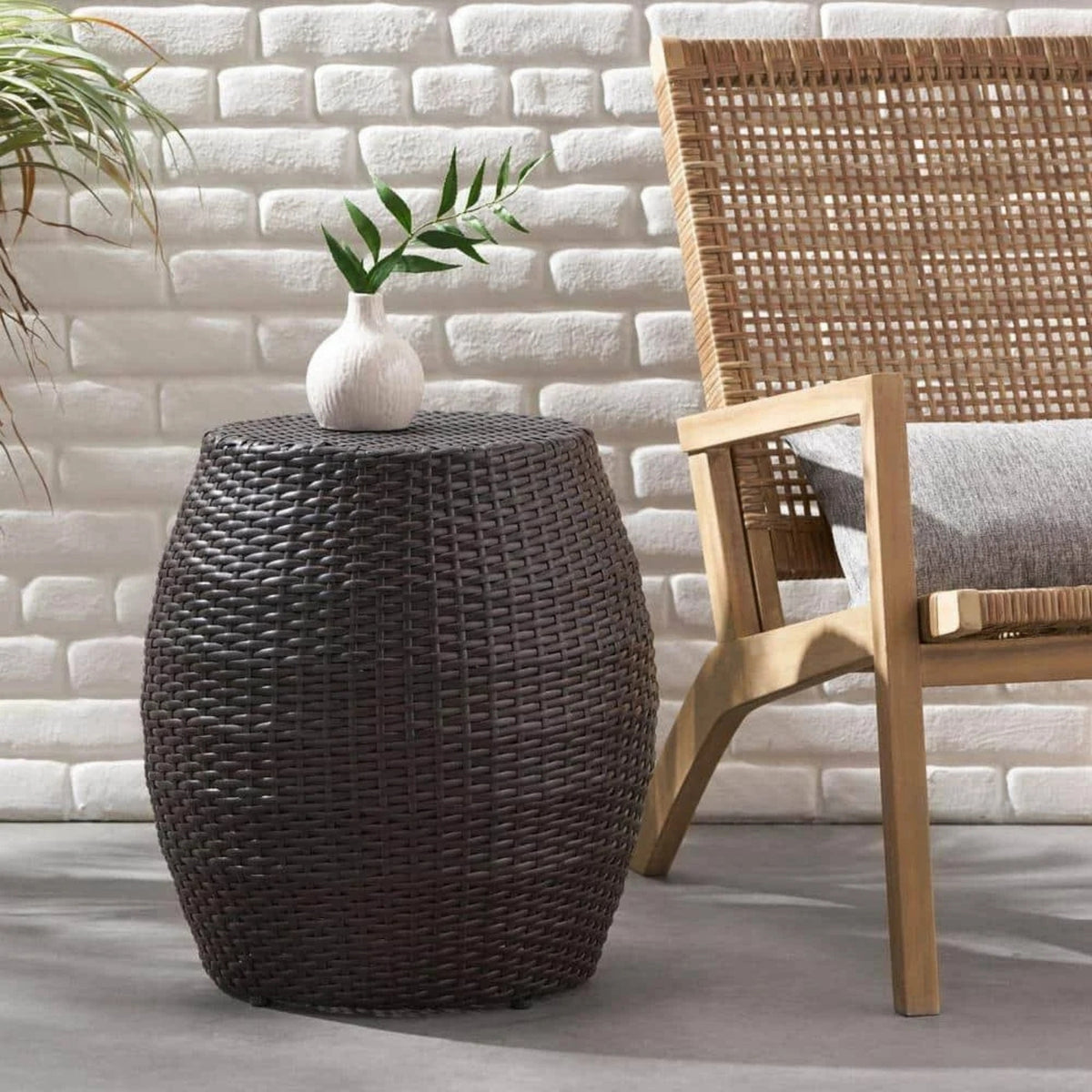 Dark Brown Rattan Damru Accent Table for Patio – Devoko