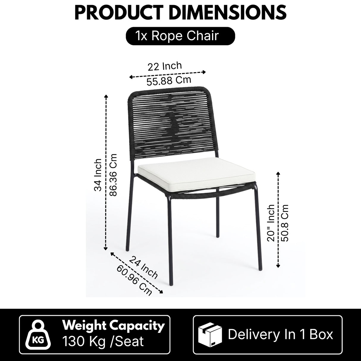 Outdoor Rope Dining Chair with Cushion (Black & White)