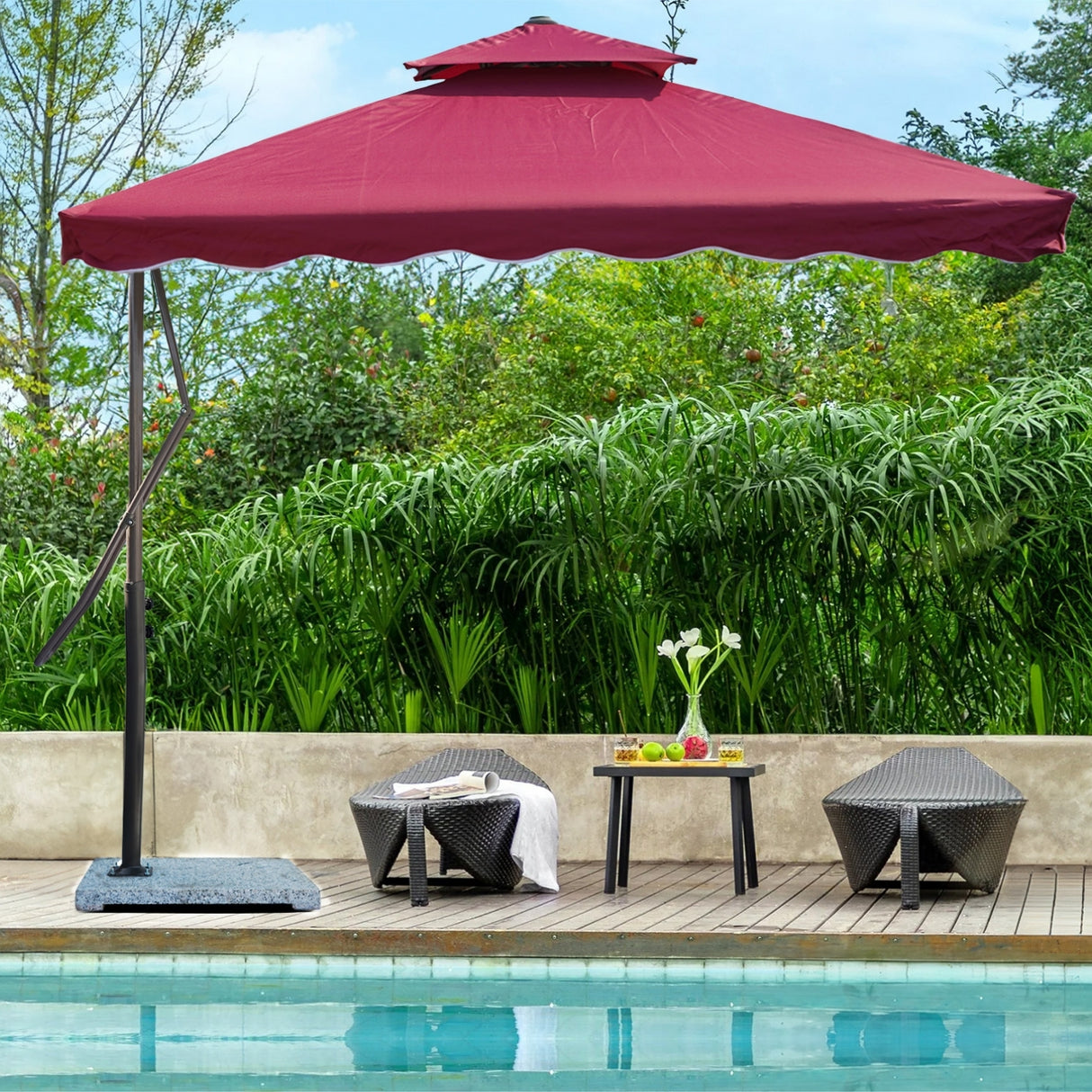 10ft Side Pole Square Shape Outdoor Umbrella With Marble Base (Red)
