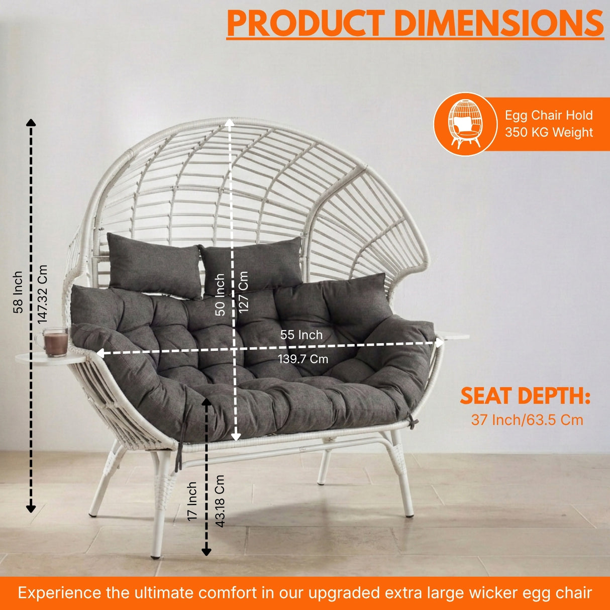 Outdoor Wicker Double Seater Egg Chair with Dual Cup Holders (White & Dark Grey)