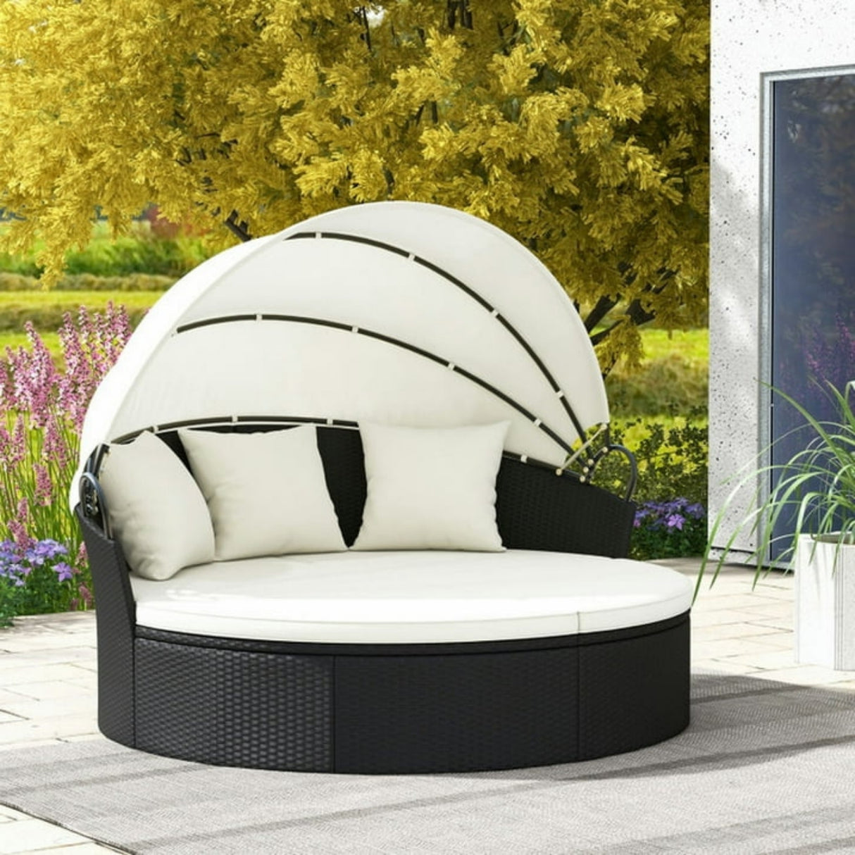 Outdoor Round Canopy Daybed Wicker Patio Furniture Set with Cushions