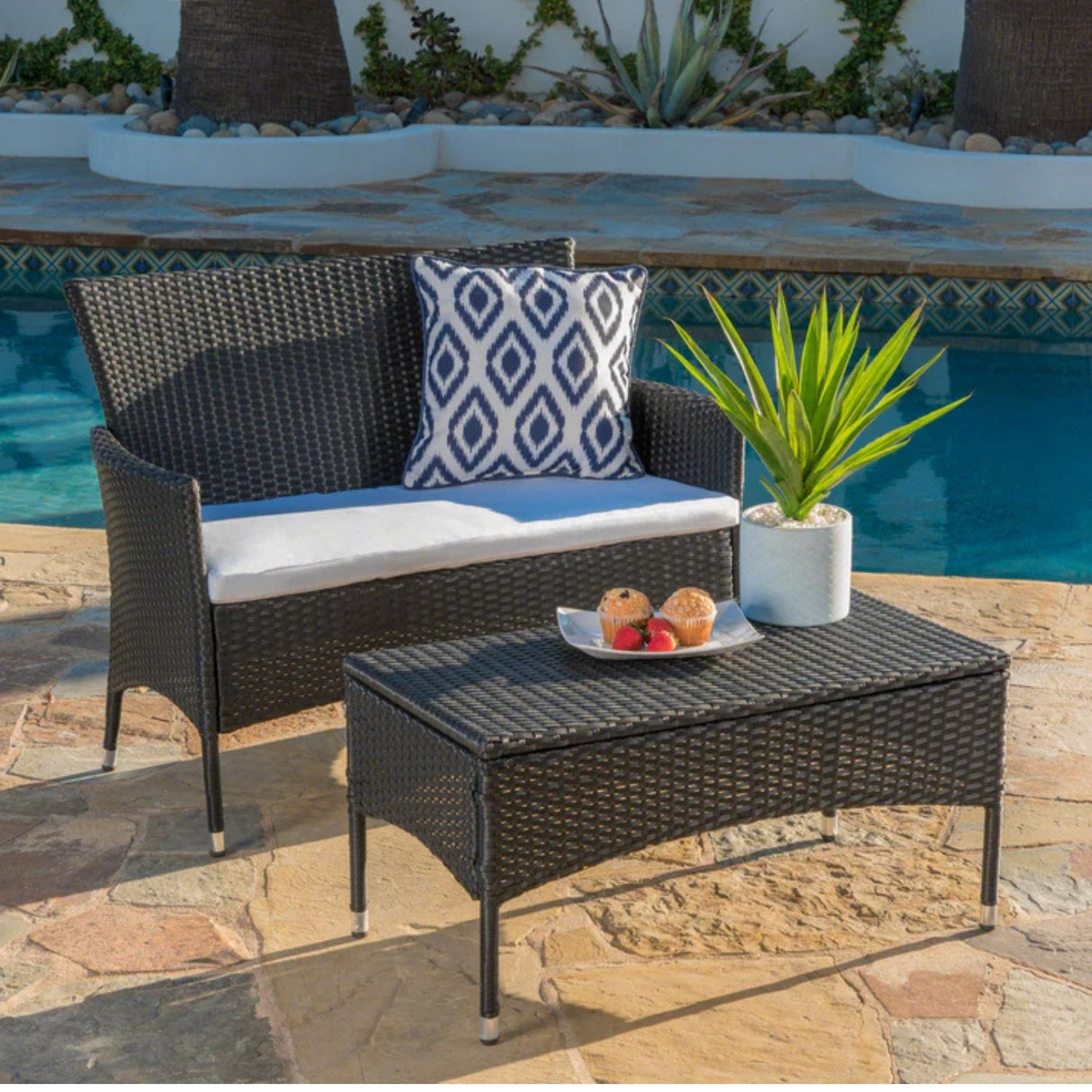 2-Piece Outdoor Rattan Wicker Loveseat Sofa