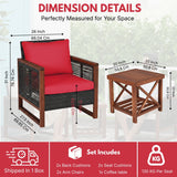 Outdoor Wicker 3-Piece Patio Furniture Set with Solid Wooden Frames (Dark Brown & Red)