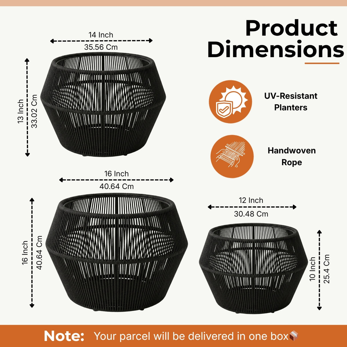 Outdoor 3-Piece Round Rope Planters (Black)