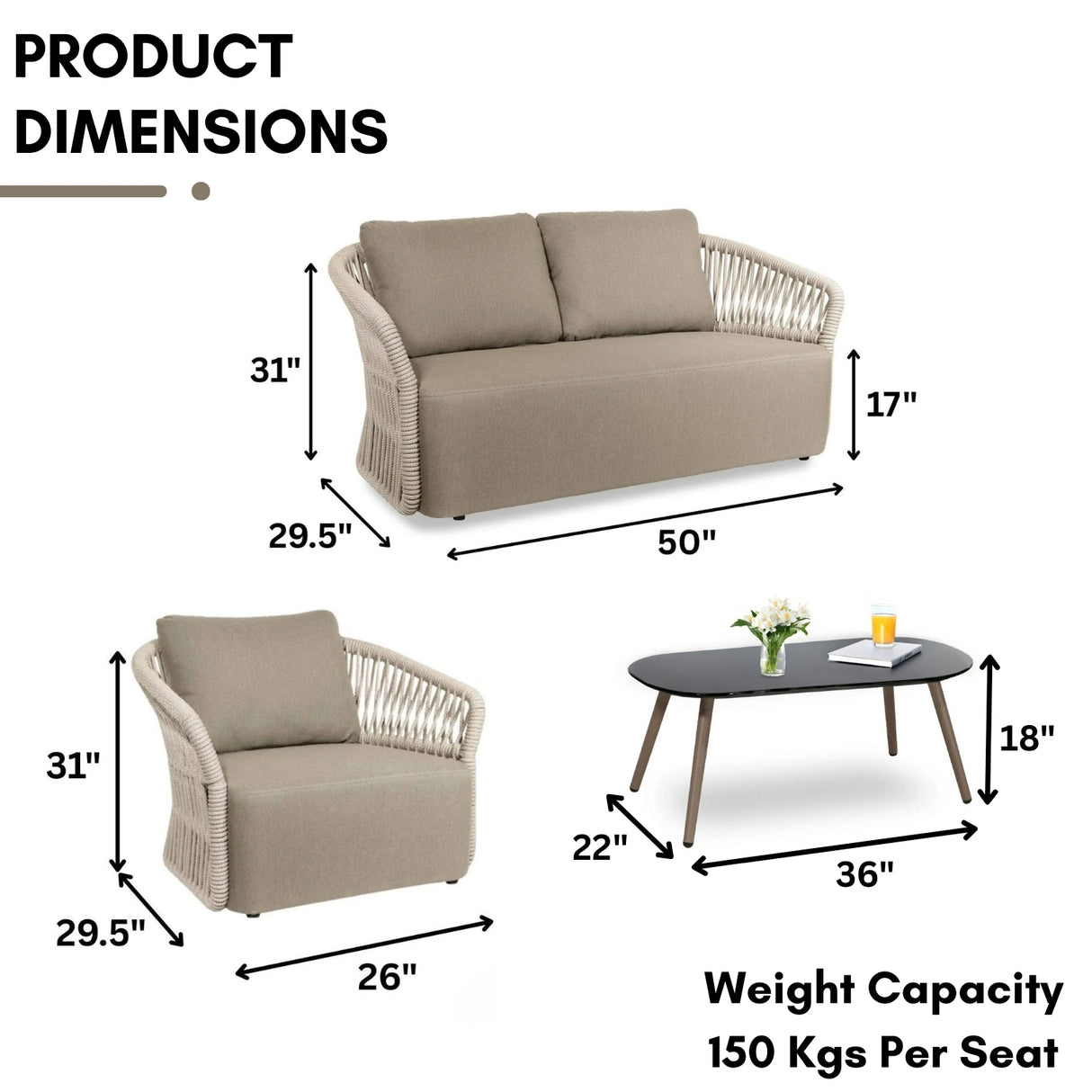 4-Piece Outdoor Braid & Rope Sofa Set (Beige & Dark Cream)