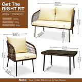 Outdoor Rope 4-Seater Sofa Set with Glass Top Table (Brown & Cream)
