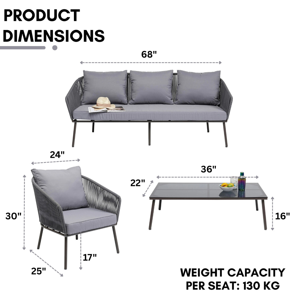 Outdoor Rope 5-Seater Patio Sofa Set with Glass Top Table (Grey)
