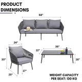 Outdoor Rope 5-Seater Patio Sofa Set with Glass Top Table (Grey)