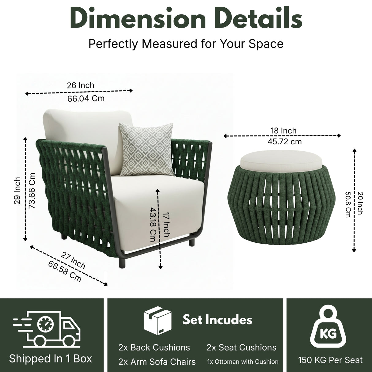 Outdoor Rope 3-Piece Patio Sofa Set (Green & Off-White)