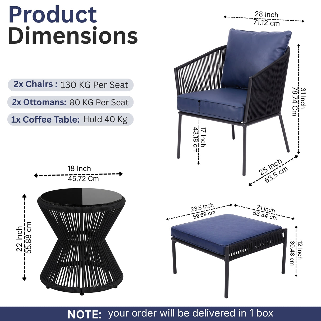 Outdoor 5 Piece Rope Patio Sofa Set (Black & Navy-Blue)