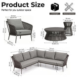 Outdoor Rope L-Shape Sofa Set with Center & Side Table (Grey)