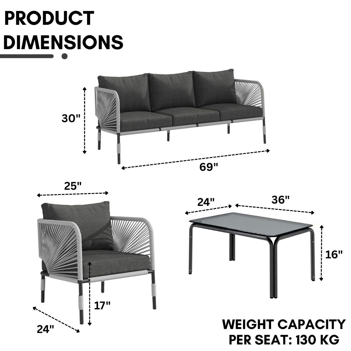 Outdoor Rope 5-Seater Sofa Set With Glass Top Table