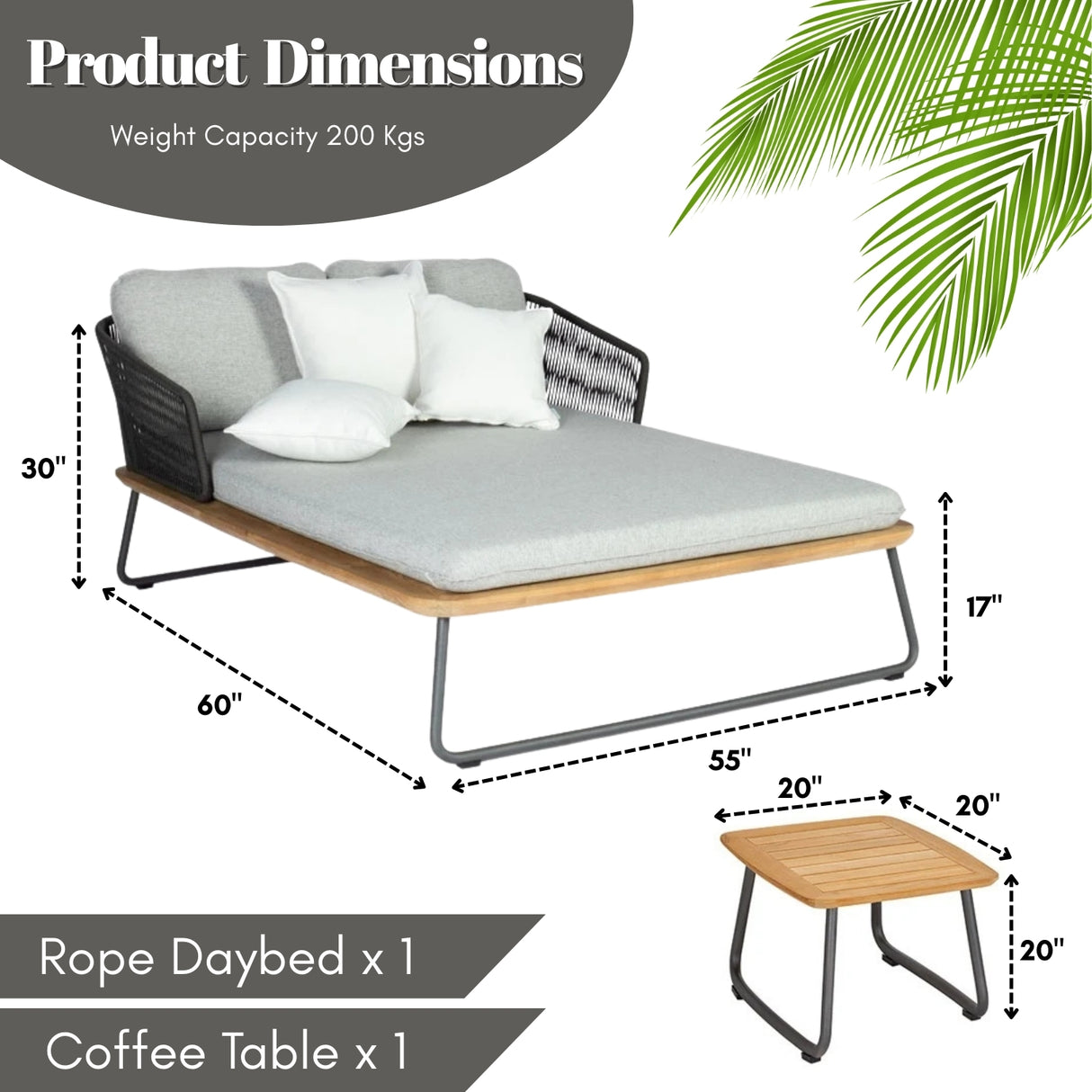 Outdoor Rope 2 Seater Patio Daybed With Wooden Top Side Table