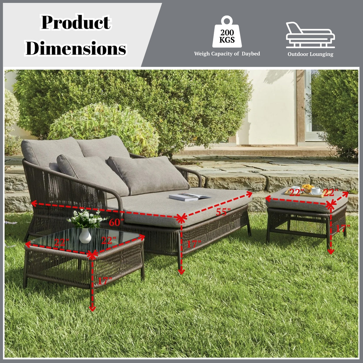 Outdoor Rope 2 Seater Patio Daybed With Side Table & Ottoman
