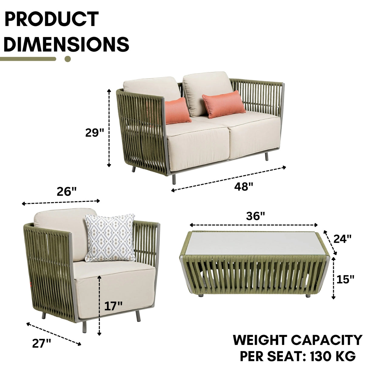 All-Weather Rope 5 Seater Sofa Set With Glass Top Table