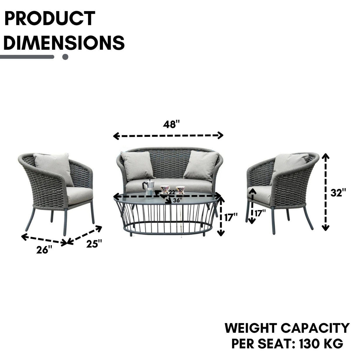 Outdoor Grey Rope 4 Piece Patio Sofa Set with Light Grey Cushions