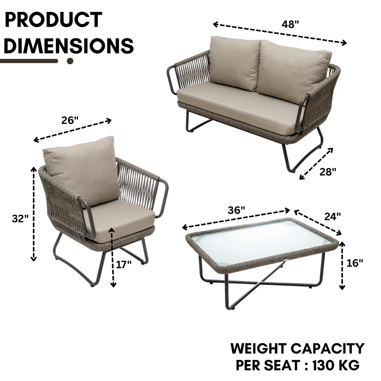 4-Piece Rope Sofa Set With Glass Top Table