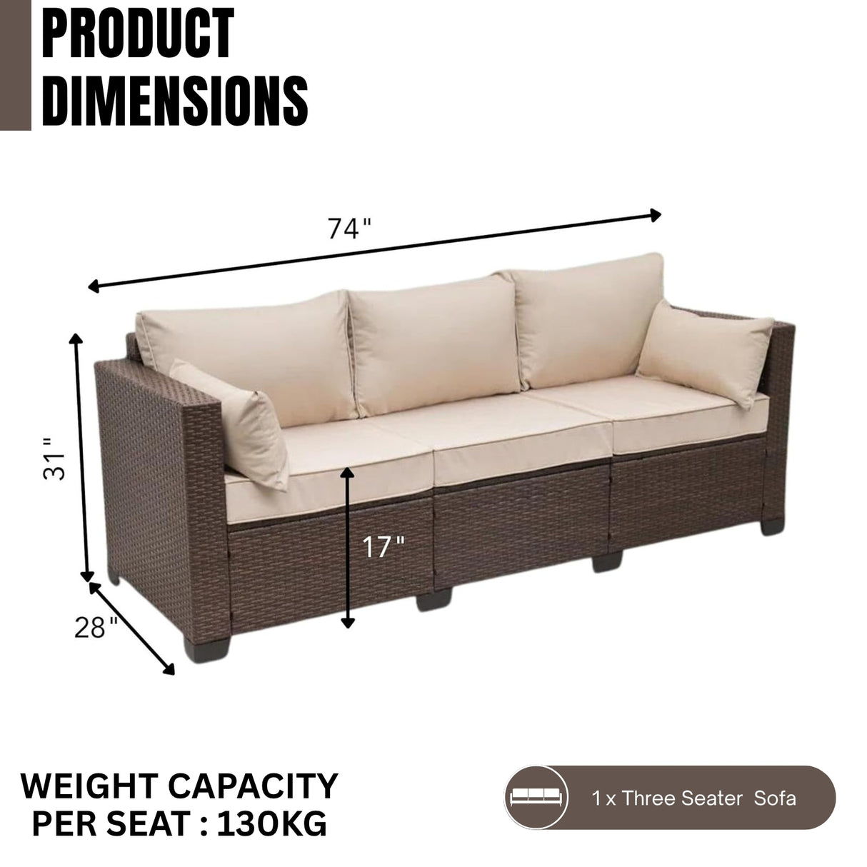 3-Seater Outdoor Rattan Wicker Patio Sofa