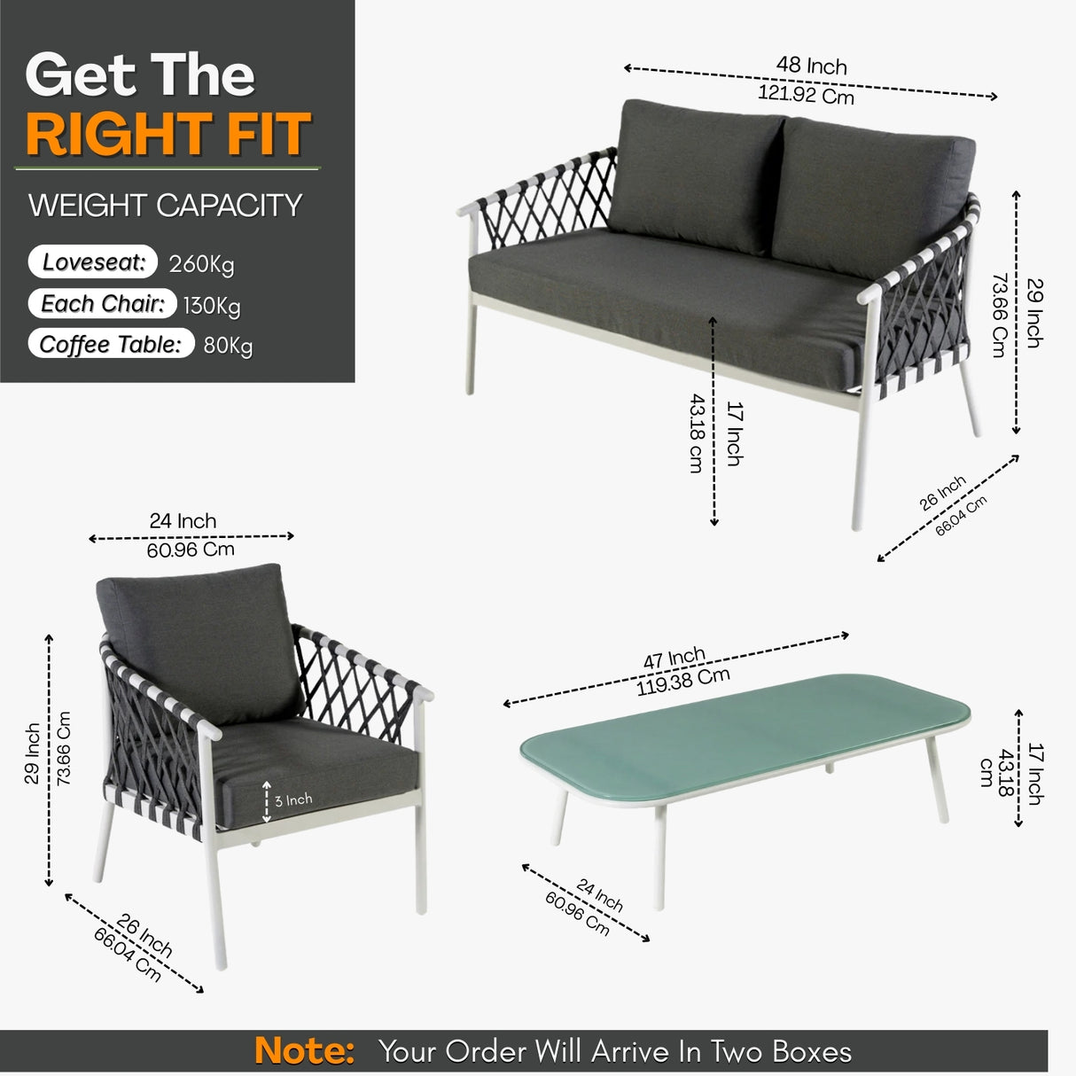 4-Piece Outdoor Rope Sofa Set With Glass Top Table (Grey)