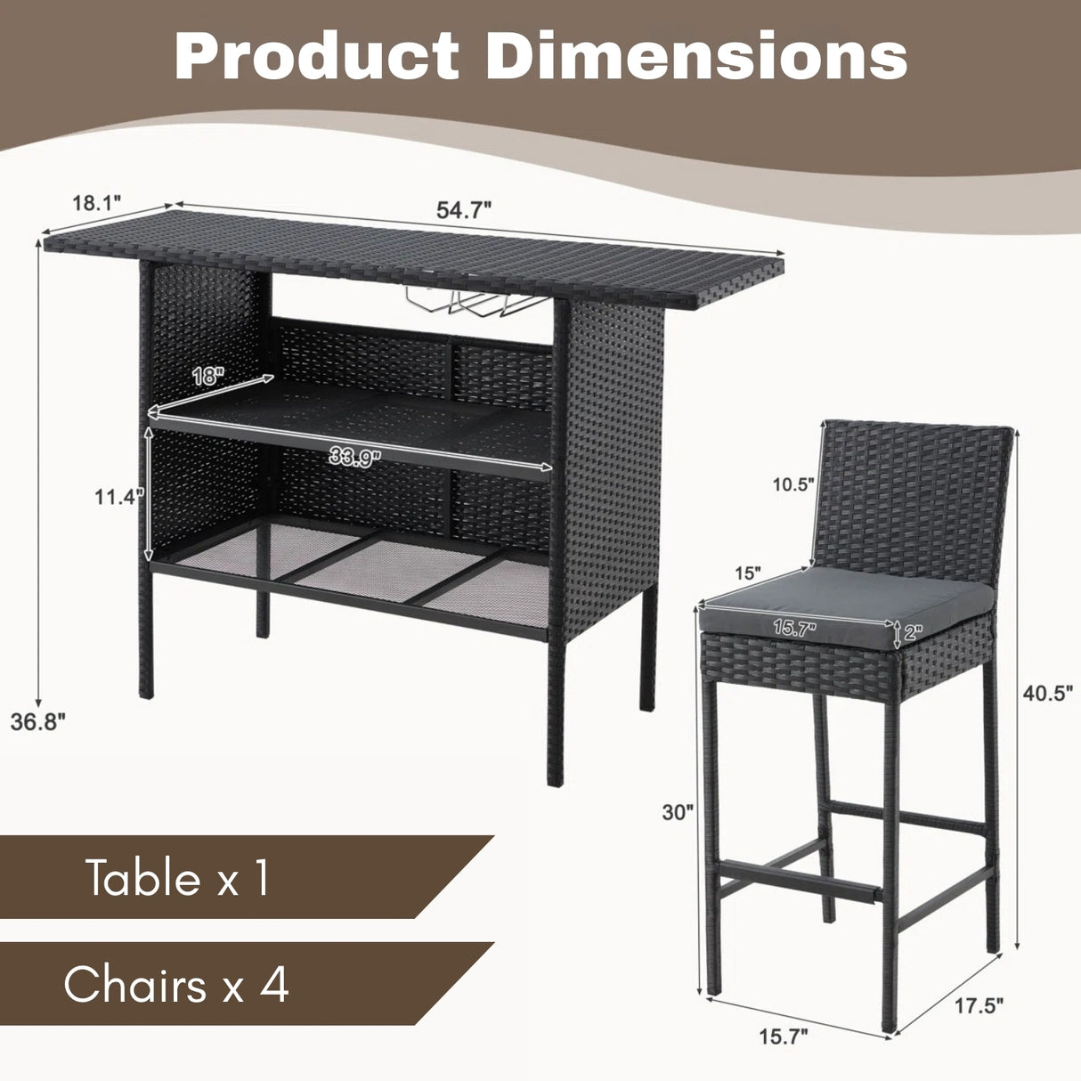 5-Piece Outdoor Rattan Wicker Bar Set with Wicker Top Table