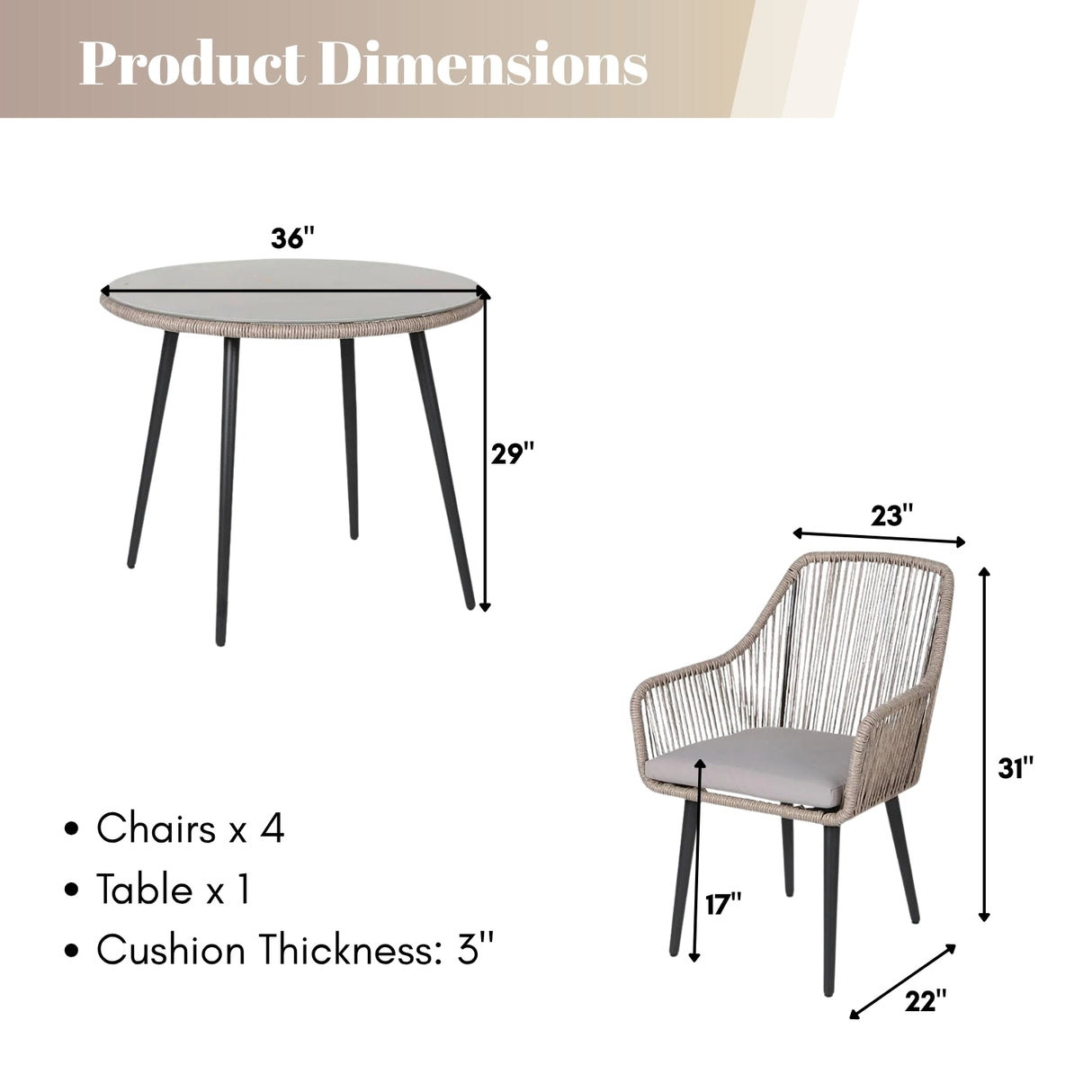5-Piece Outdoor Rope Patio Dining Set With Glass Top Table