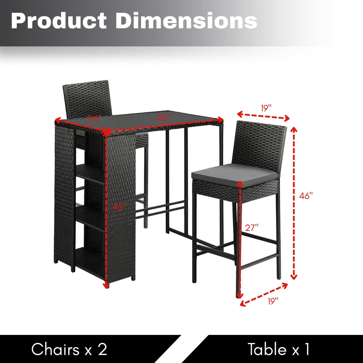 3-Piece Outdoor Rattan Wicker Bar Set with Glass Top Table