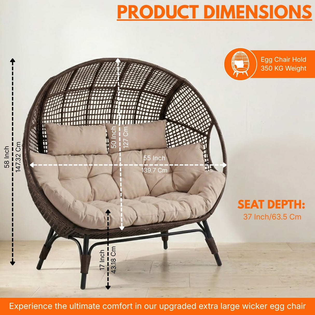 Outdoor Rattan Wicker Double Seater Egg Chair (Dark Brown & Cream)