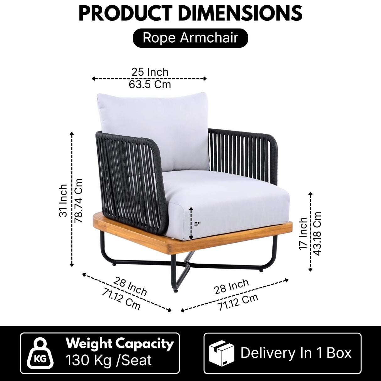 Outdoor Rope Sofa with Wooden Base (Black & White)