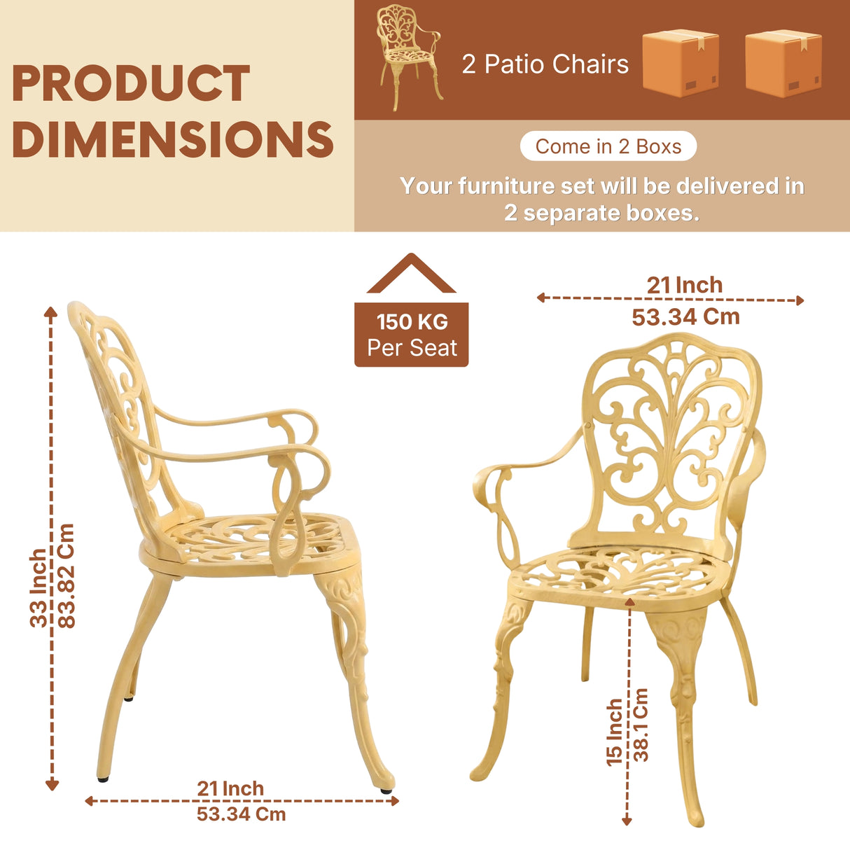 Outdoor Cast Aluminum Bistro Set with 2 Chairs (Beige)