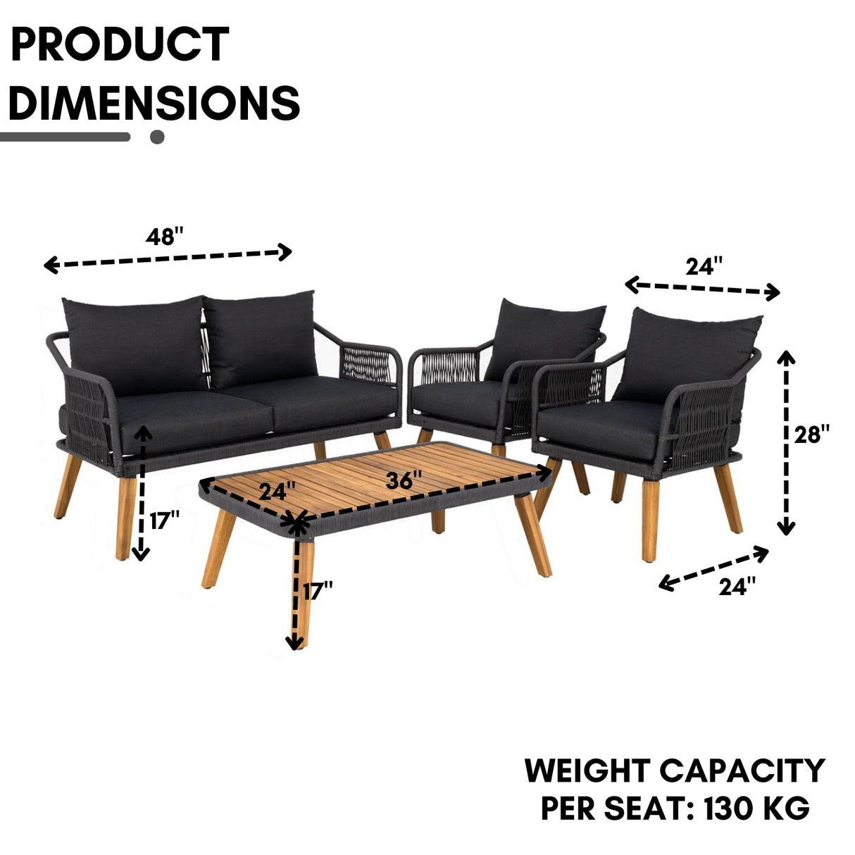 4-Piece Outdoor Rope Patio Furniture Set with Wood-Top Table