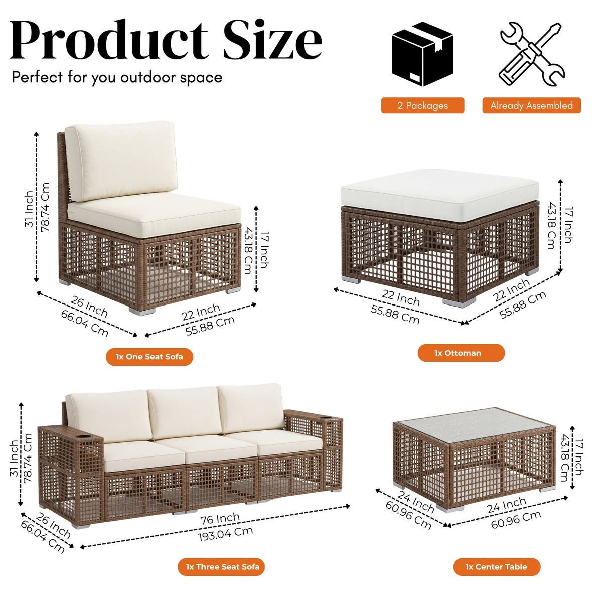 Outdoor Rattan Wicker Patio Conversation Furniture Set (Dark Brown & Cream)