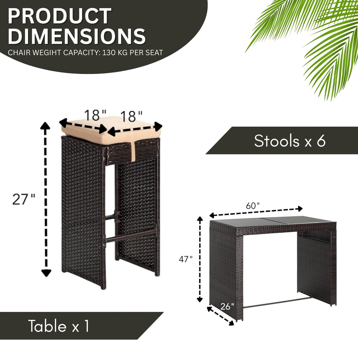7-Piece Outdoor Rattan Wicker Bar Set with Glass Top Table