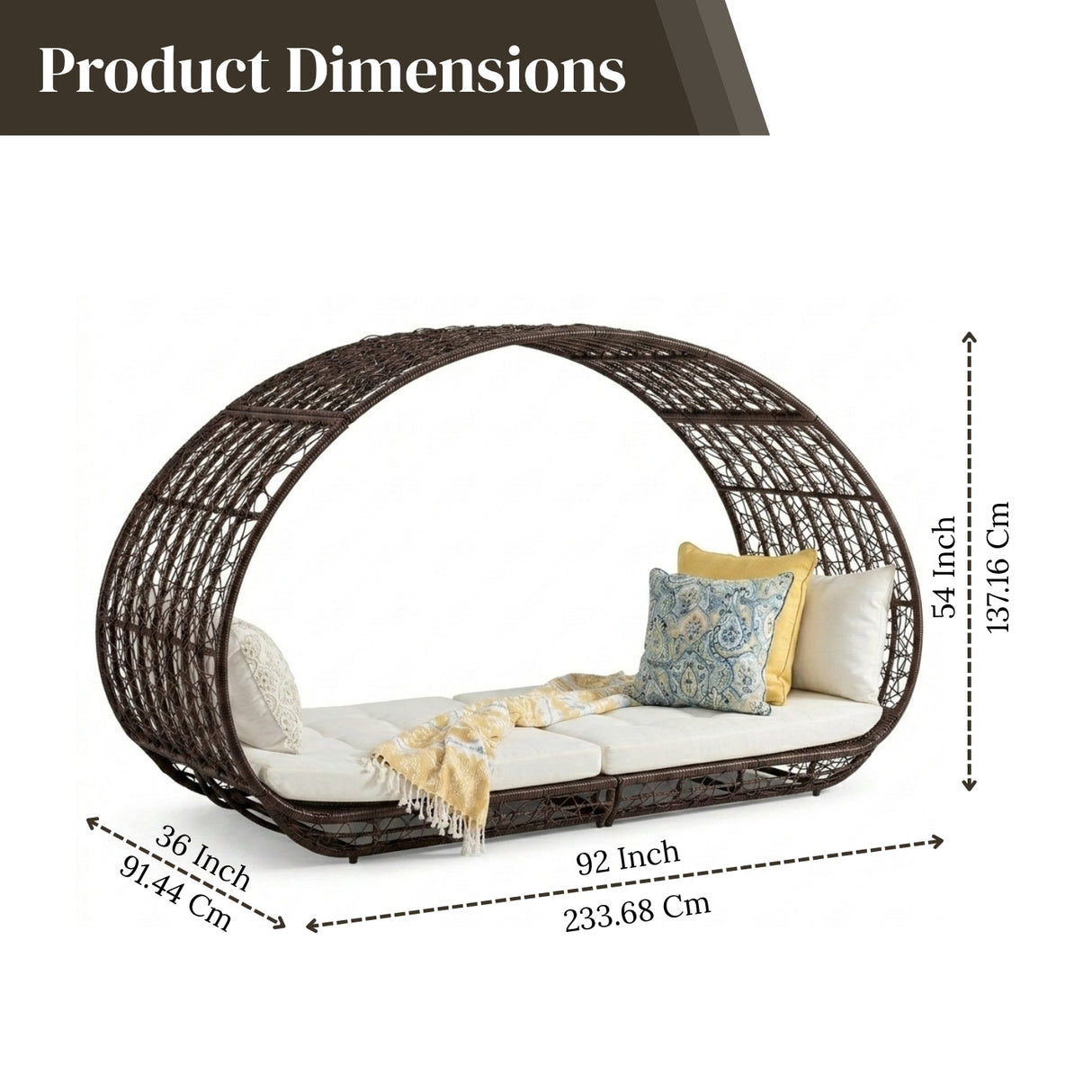 Outdoor Rattan Wicker Daybed with Oval-Shaped Canopy Frame (Dark Brown & Off-White)