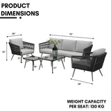 5-Seater Outdoor Rope Patio Sofa Set with Glass Top Tables (Black & Grey)
