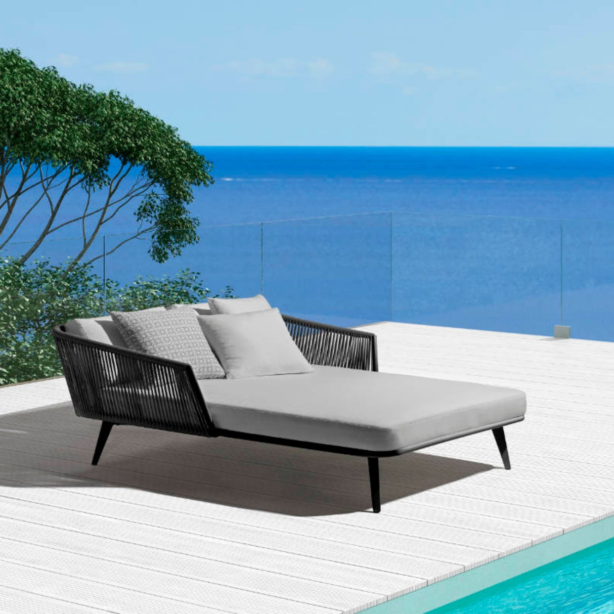 Outdoor Black Rope Patio Daybed with Comfortable Grey Cushion