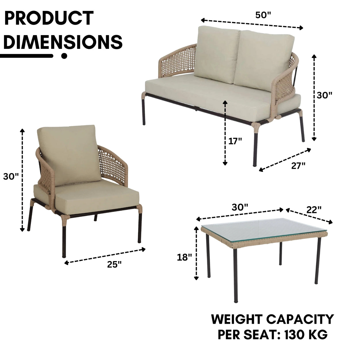 All-Weather Patio Rope Sofa Set with Glass Top Coffee Table