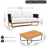 Outdoor Rope 2-Seater Sofa Set with Wooden Base & Slatted Wooden Coffee Table