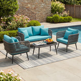 Outdoor Rope 4 Seater Conversation Furniture Set (Grey & Sky-Blue)