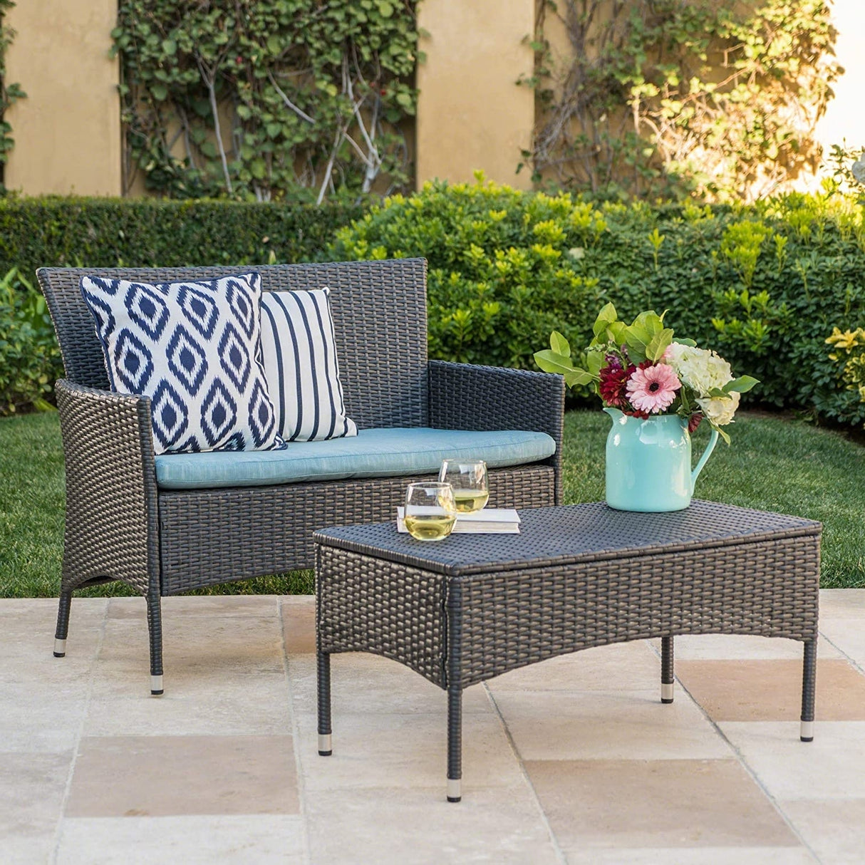 2-Piece Outdoor Rattan Wicker Loveseat Sofa
