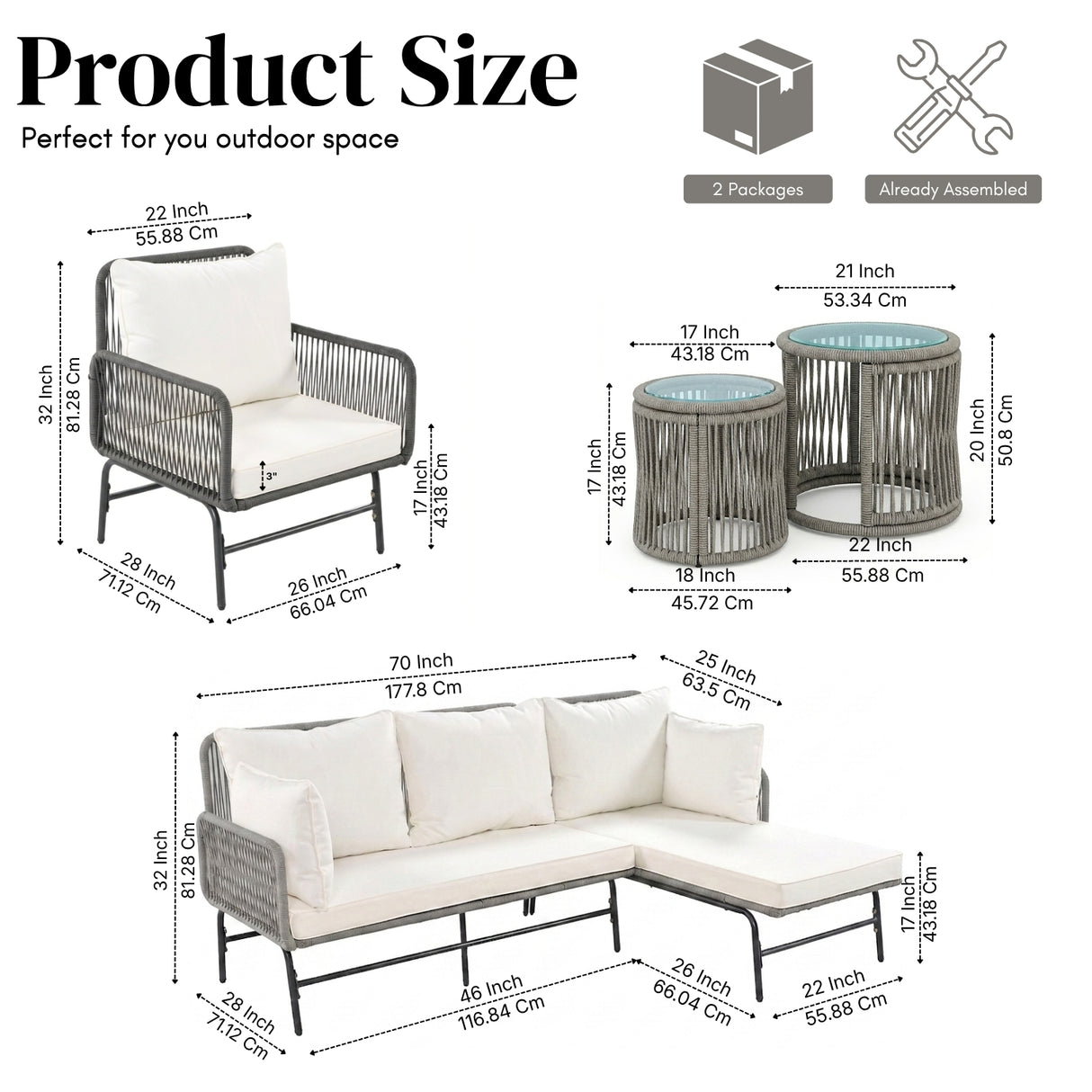 Outdoor L-Shape Rope Sofa Set (Grey & White)